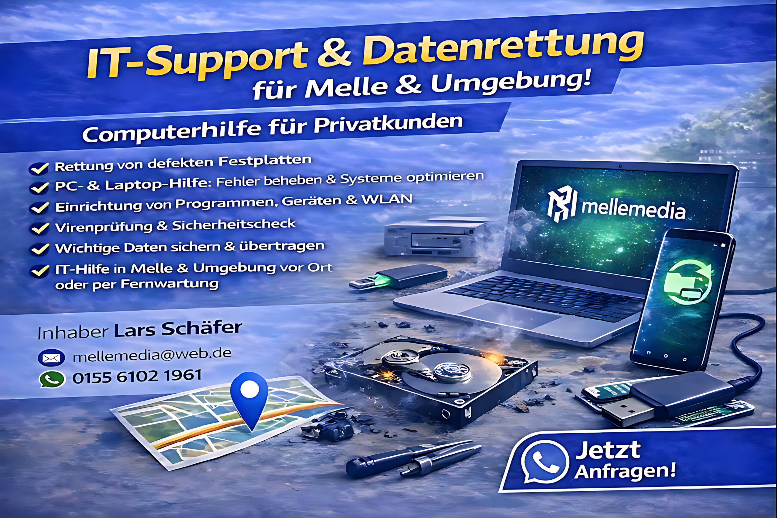 IT-Support und Datenrettung für Privatkunden in Melle – Laptop, Smartphone und defekte Festplatte