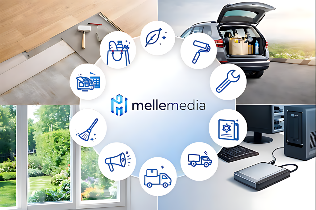 Hero-Bild von mellemedia mit allen Leistungen – Handwerk, Einkauf, Reinigung, IT-Support, Transport und Winterdienst in Melle