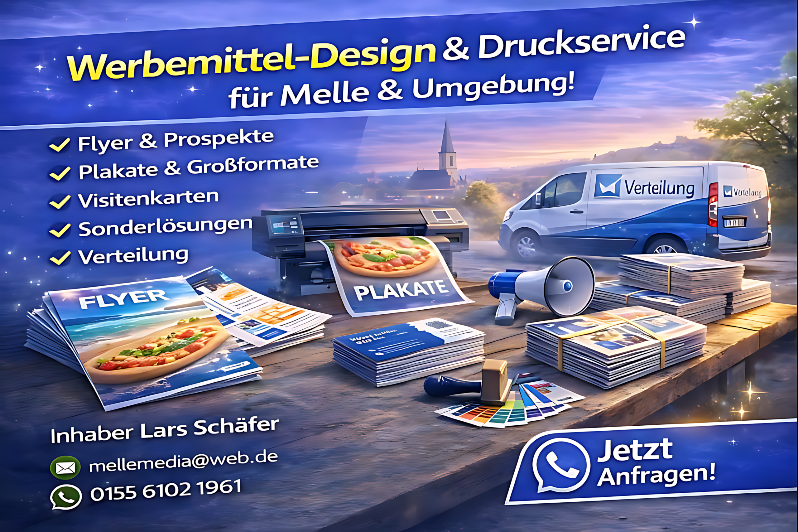 Werbemittel-Design und Druckservice in Melle – Flyer, Plakate, Visitenkarten und Verteilung
